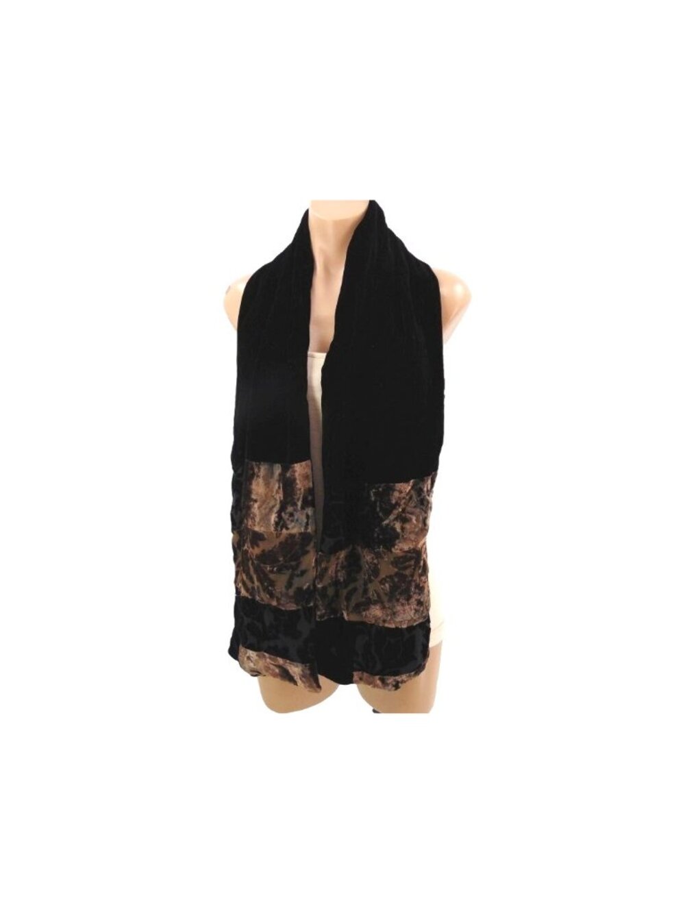 Mina Mann Black Gold Silk Velour Velvet Brown Burnout Scarf Wrap 62x9" - Picture 6 of 15